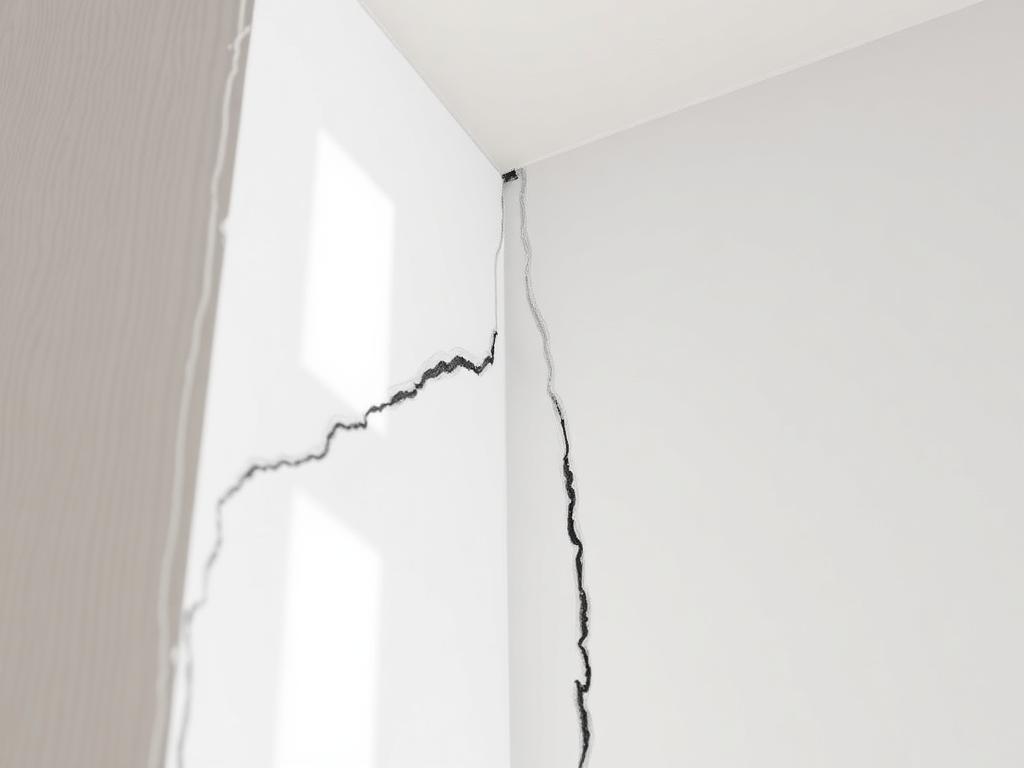 Illustrative before photo of a long settlement crack running down a drywall corner seam