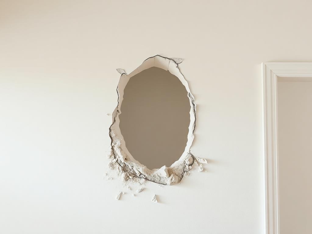 Illustrative before photo of a large doorknob hole in a drywall living room wall