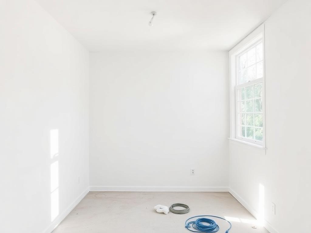 Illustrative after photo of the same room with new drywall installed, finished, and primed white