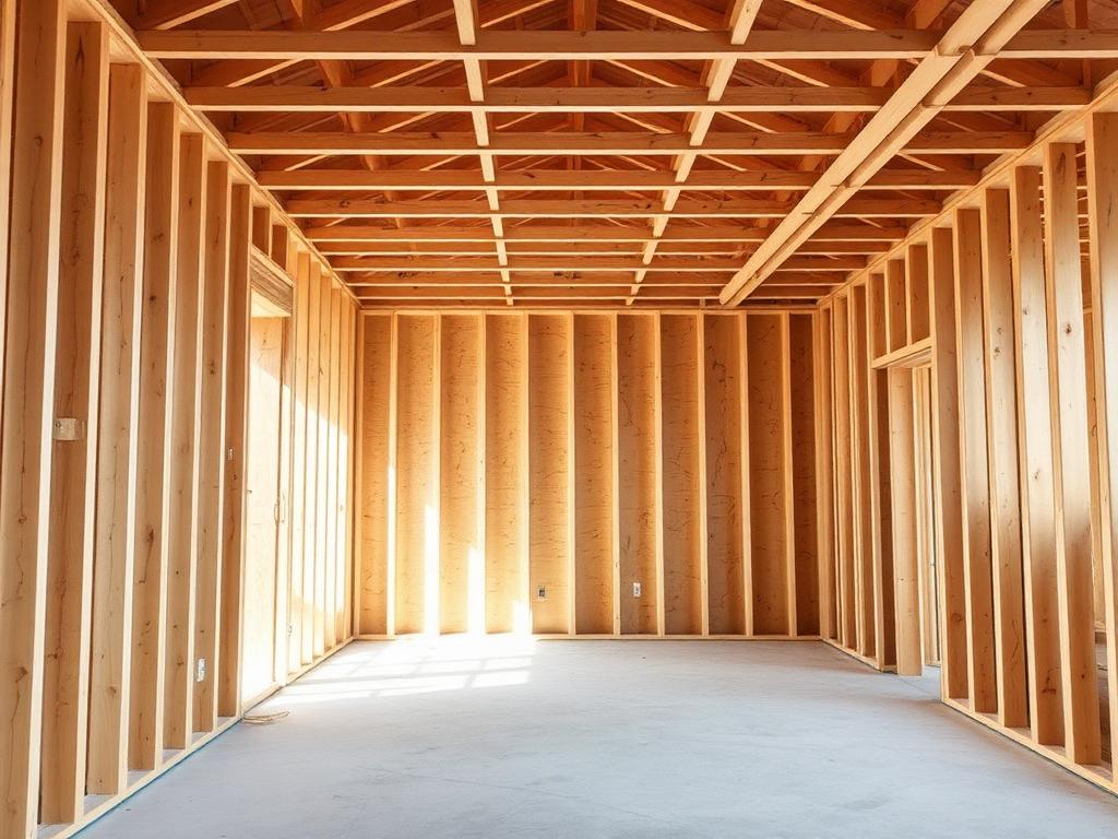 Illustrative before photo of bare wood stud framing in a room with no drywall