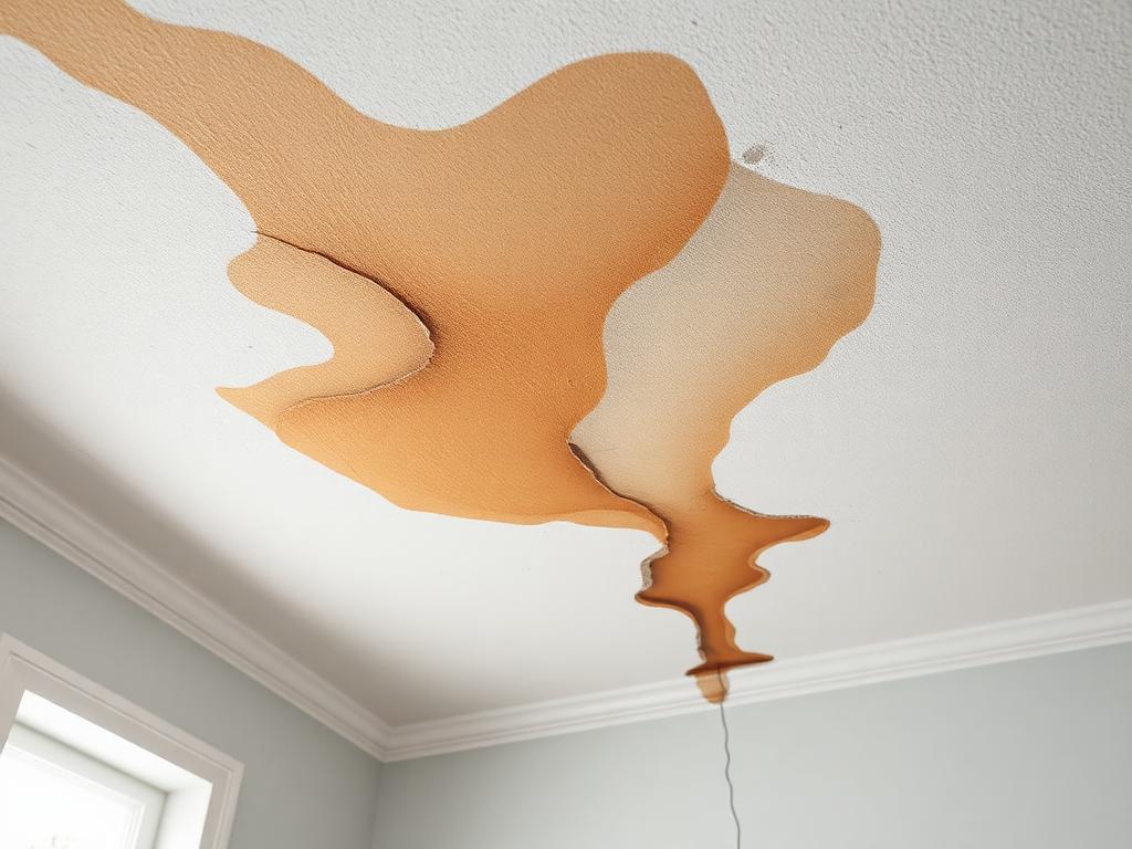Illustrative before photo of a ceiling with brown water stains and sagging drywall from a leak